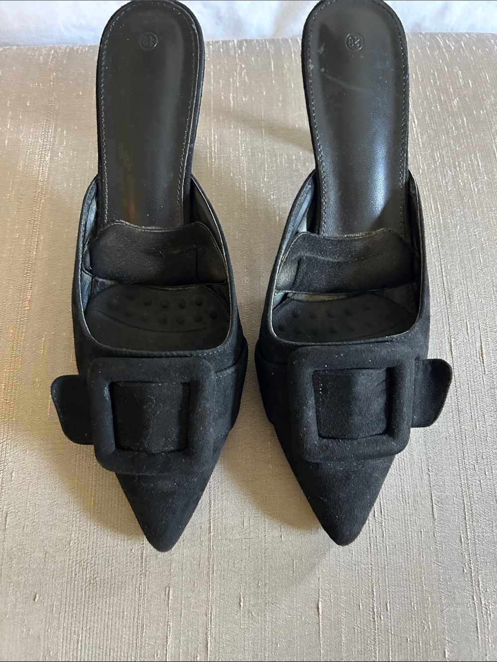 Black Pointed-Toe Buckle Mule Heels - Women's Slip-On Dress Shoes Size 8.5